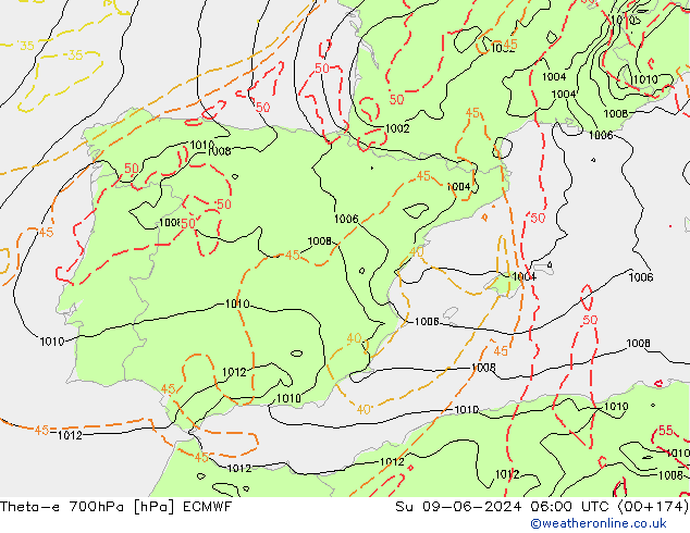 Theta-e 700hPa ECMWF Paz 09.06.2024 06 UTC