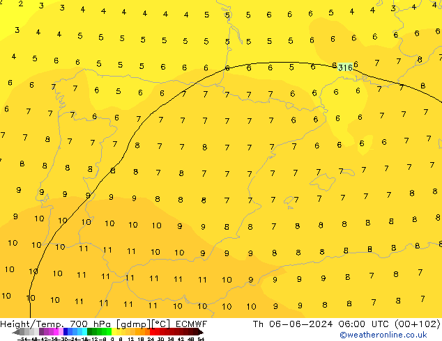 Hoogte/Temp. 700 hPa ECMWF do 06.06.2024 06 UTC