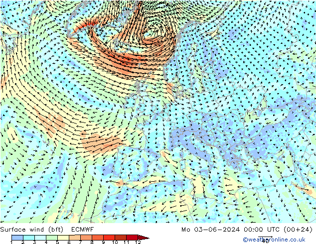 Viento 10 m (bft) ECMWF lun 03.06.2024 00 UTC