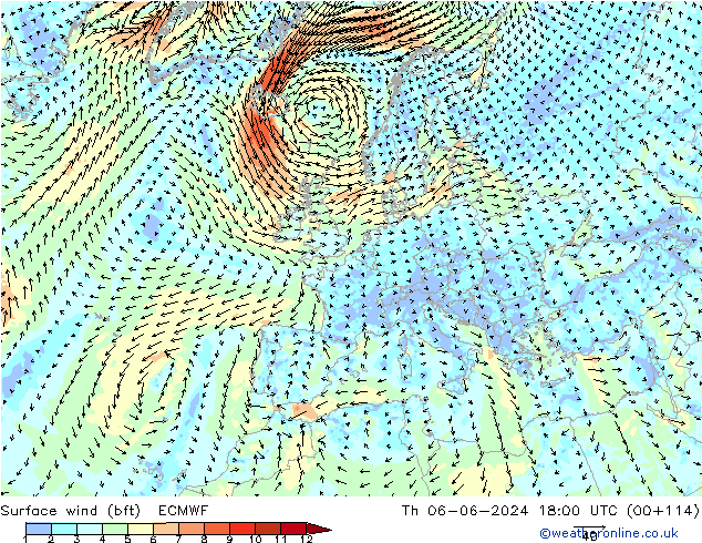 Rüzgar 10 m (bft) ECMWF Per 06.06.2024 18 UTC