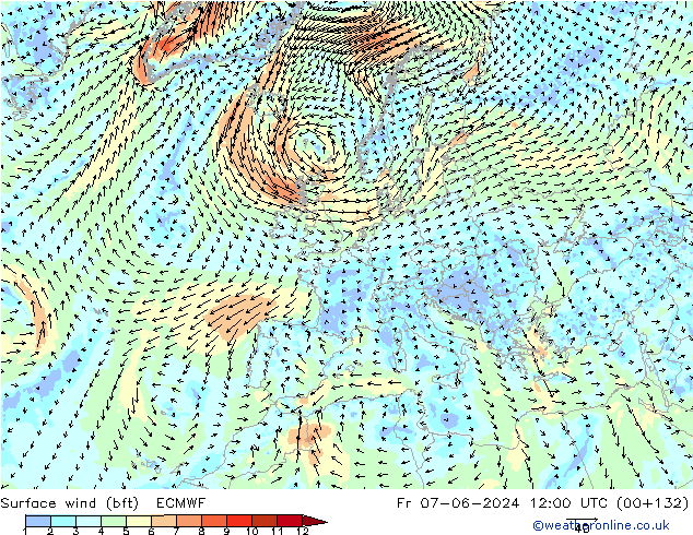 Wind 10 m (bft) ECMWF vr 07.06.2024 12 UTC