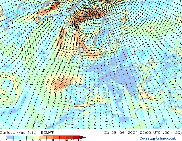 Rüzgar 10 m (bft) ECMWF Cts 08.06.2024 06 UTC