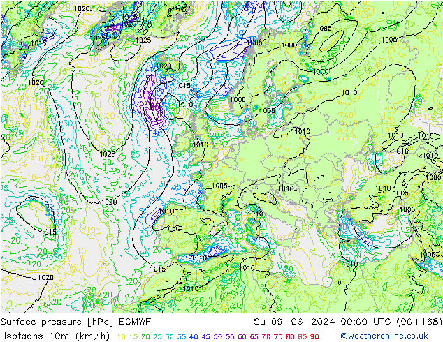 Isotachs (kph) ECMWF Ne 09.06.2024 00 UTC