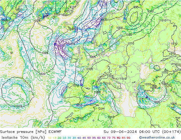 Isotachen (km/h) ECMWF So 09.06.2024 06 UTC