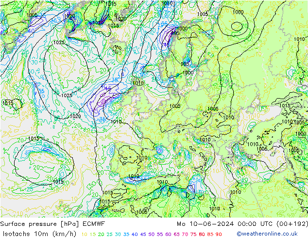 Eşrüzgar Hızları (km/sa) ECMWF Pzt 10.06.2024 00 UTC