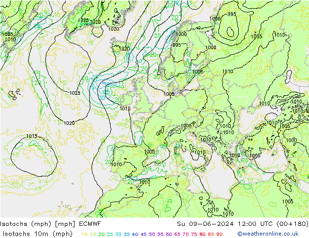 Isotachen (mph) ECMWF zo 09.06.2024 12 UTC