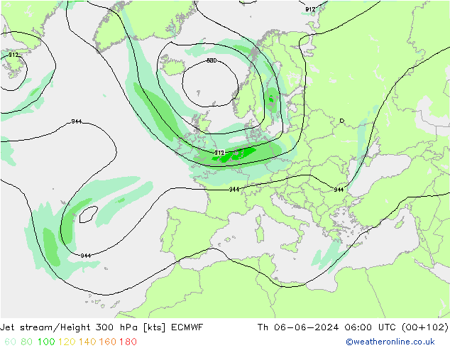 Jet stream/Height 300 hPa ECMWF Th 06.06.2024 06 UTC