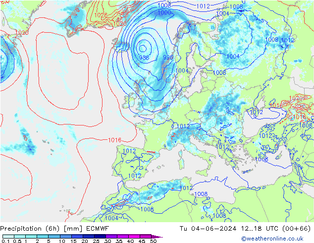 Precipitation (6h) ECMWF Tu 04.06.2024 18 UTC