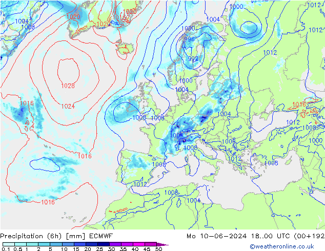 Z500/Rain (+SLP)/Z850 ECMWF Po 10.06.2024 00 UTC