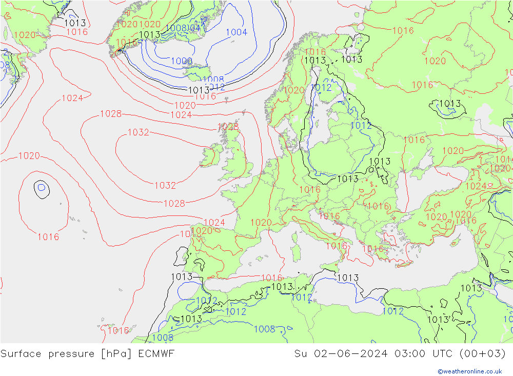 Pressione al suolo ECMWF dom 02.06.2024 03 UTC