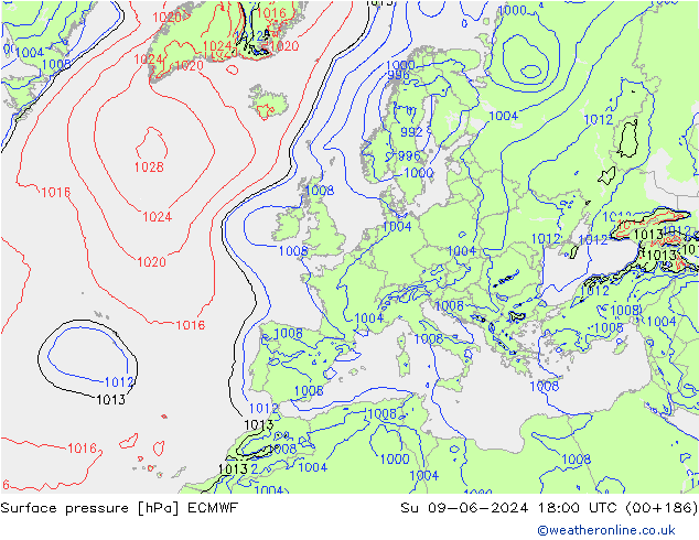 Surface pressure ECMWF Su 09.06.2024 18 UTC