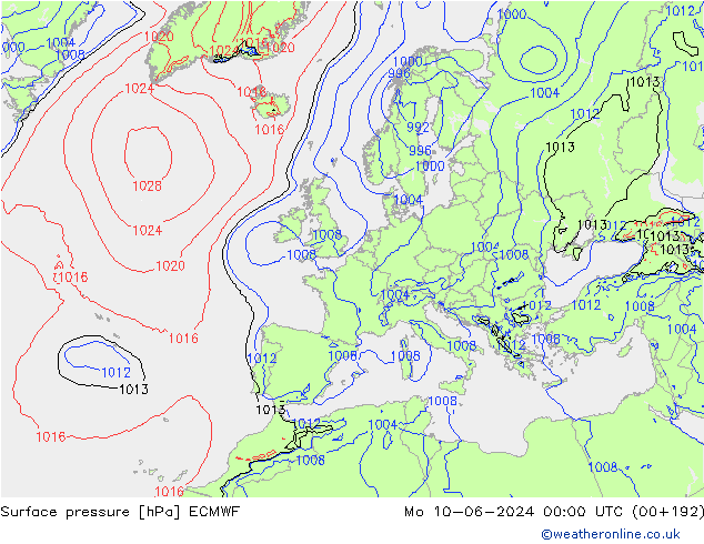 приземное давление ECMWF пн 10.06.2024 00 UTC