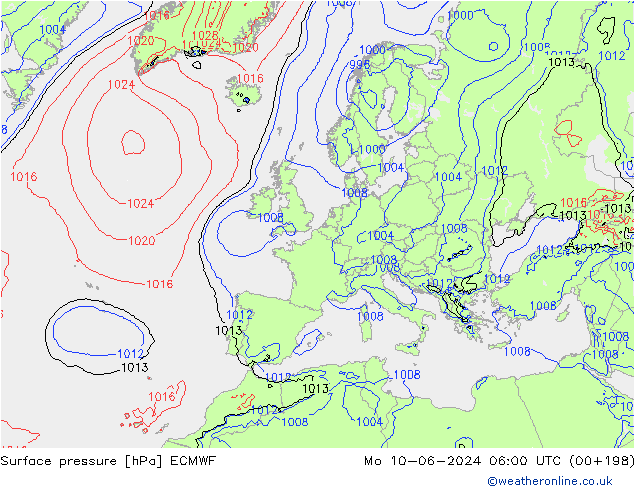 Surface pressure ECMWF Mo 10.06.2024 06 UTC