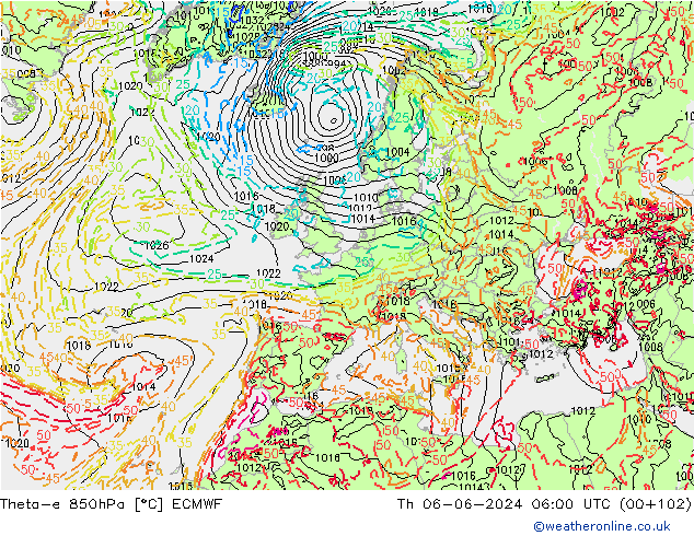 Theta-e 850hPa ECMWF Do 06.06.2024 06 UTC