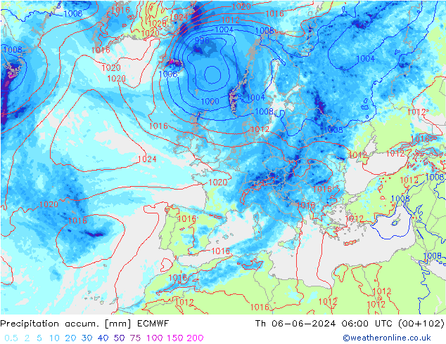 Precipitation accum. ECMWF czw. 06.06.2024 06 UTC