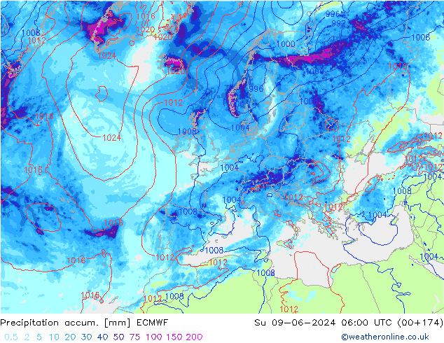 Precipitation accum. ECMWF Su 09.06.2024 06 UTC