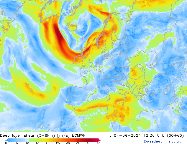 Deep layer shear (0-6km) ECMWF di 04.06.2024 12 UTC