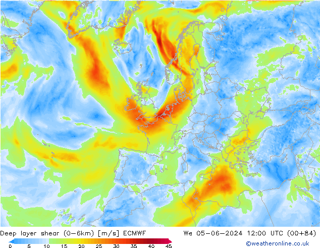 Deep layer shear (0-6km) ECMWF Mi 05.06.2024 12 UTC