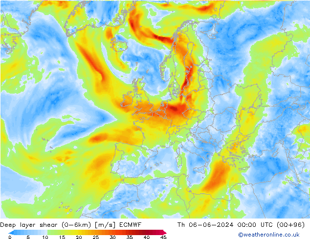 Deep layer shear (0-6km) ECMWF gio 06.06.2024 00 UTC