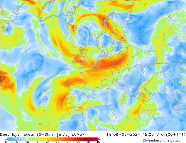 Deep layer shear (0-6km) ECMWF jue 06.06.2024 18 UTC