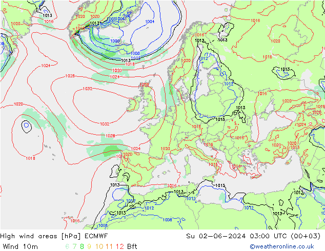 yüksek rüzgarlı alanlar ECMWF Paz 02.06.2024 03 UTC
