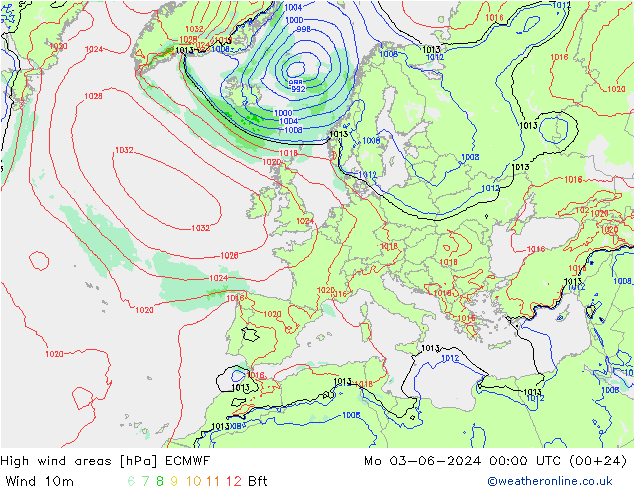 yüksek rüzgarlı alanlar ECMWF Pzt 03.06.2024 00 UTC