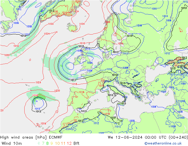 High wind areas ECMWF ср 12.06.2024 00 UTC