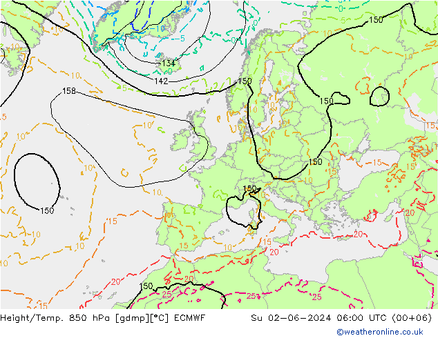 Height/Temp. 850 hPa ECMWF So 02.06.2024 06 UTC