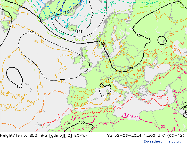 Géop./Temp. 850 hPa ECMWF dim 02.06.2024 12 UTC