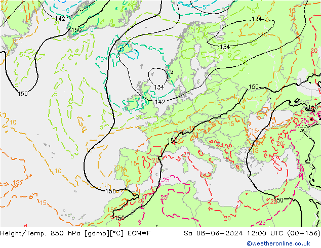 Height/Temp. 850 hPa ECMWF so. 08.06.2024 12 UTC