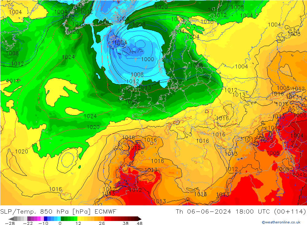 SLP/Temp. 850 hPa ECMWF Do 06.06.2024 18 UTC