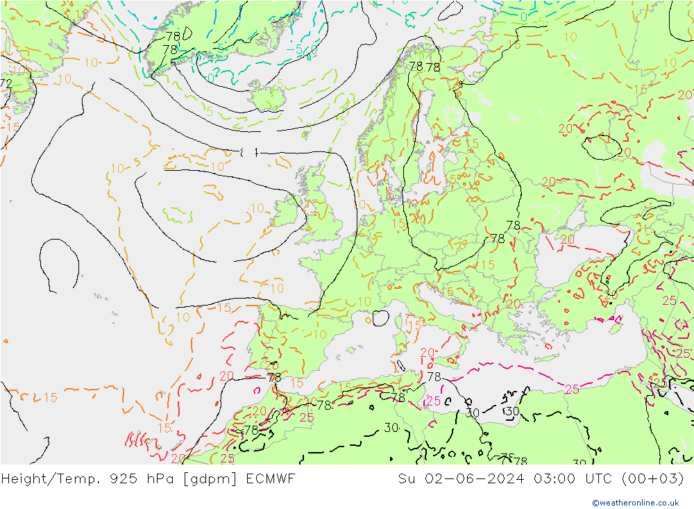 Height/Temp. 925 hPa ECMWF Ne 02.06.2024 03 UTC