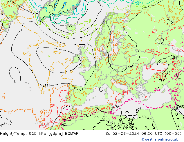 Géop./Temp. 925 hPa ECMWF dim 02.06.2024 06 UTC