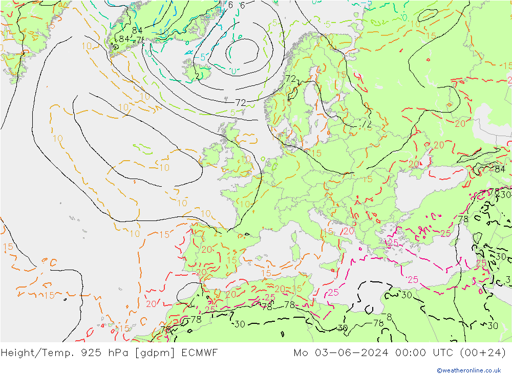 Yükseklik/Sıc. 925 hPa ECMWF Pzt 03.06.2024 00 UTC