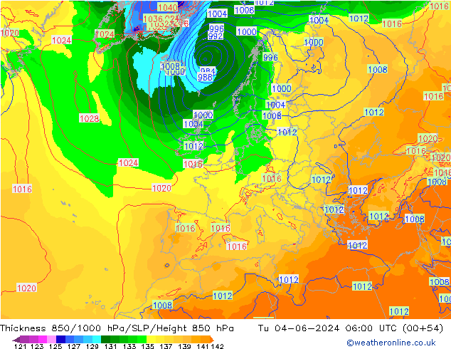 Thck 850-1000 hPa ECMWF Út 04.06.2024 06 UTC