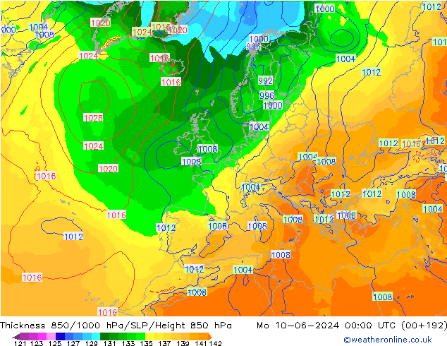 Thck 850-1000 hPa ECMWF lun 10.06.2024 00 UTC