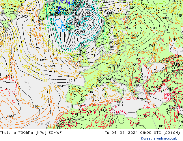 Theta-e 700hPa ECMWF Di 04.06.2024 06 UTC