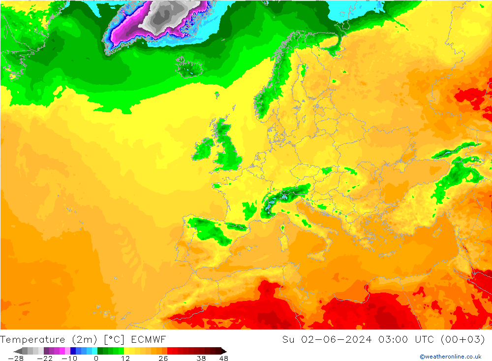 Sıcaklık Haritası (2m) ECMWF Paz 02.06.2024 03 UTC