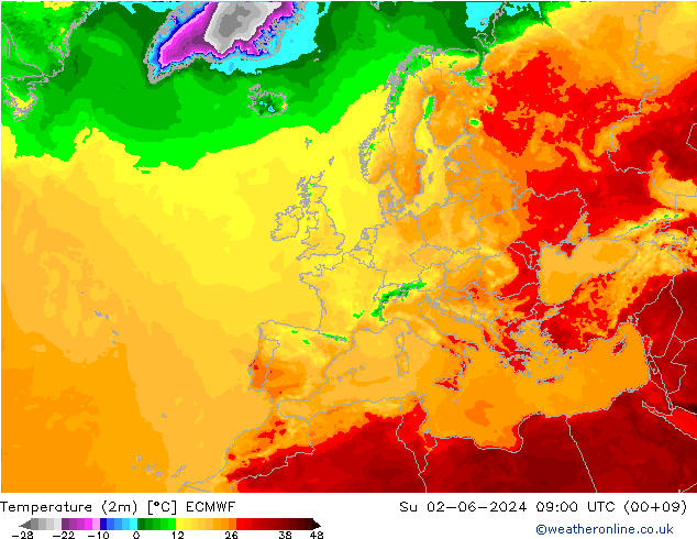 Temperature (2m) ECMWF Su 02.06.2024 09 UTC