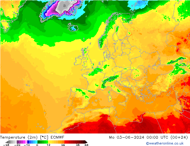 Temperaturkarte (2m) ECMWF Mo 03.06.2024 00 UTC