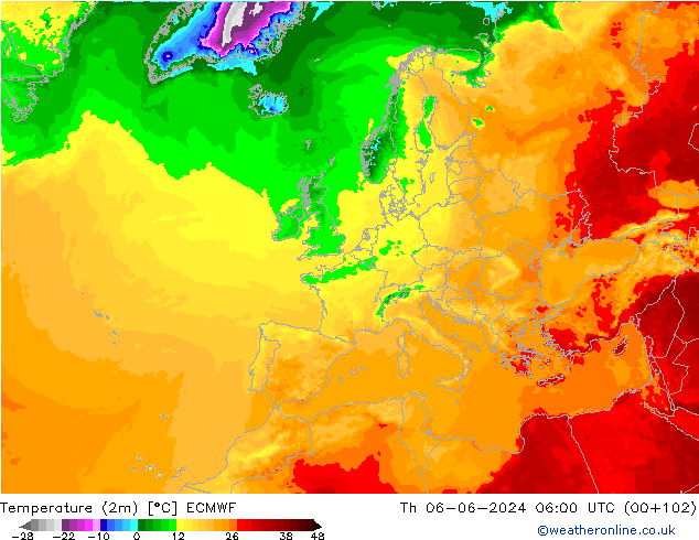 Temperature (2m) ECMWF Th 06.06.2024 06 UTC