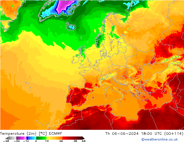 température (2m) ECMWF jeu 06.06.2024 18 UTC