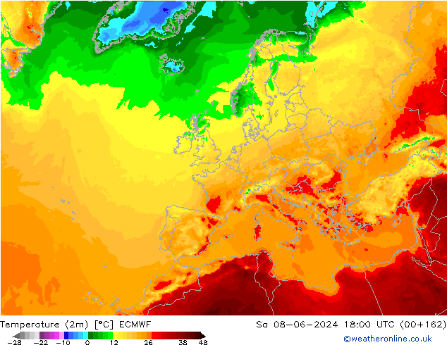 Temperature (2m) ECMWF Sa 08.06.2024 18 UTC