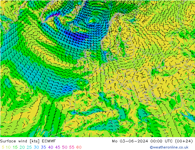 Surface wind ECMWF Mo 03.06.2024 00 UTC