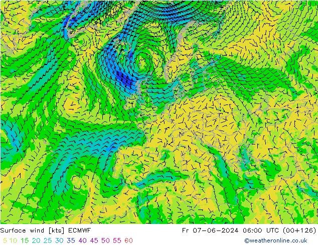 Surface wind ECMWF Pá 07.06.2024 06 UTC