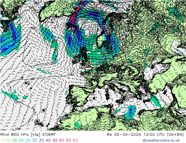 Wind 850 hPa ECMWF Mi 05.06.2024 12 UTC