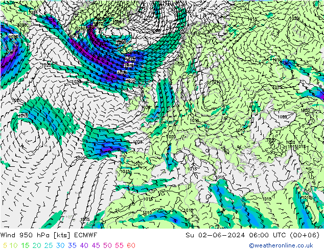 Viento 950 hPa ECMWF dom 02.06.2024 06 UTC