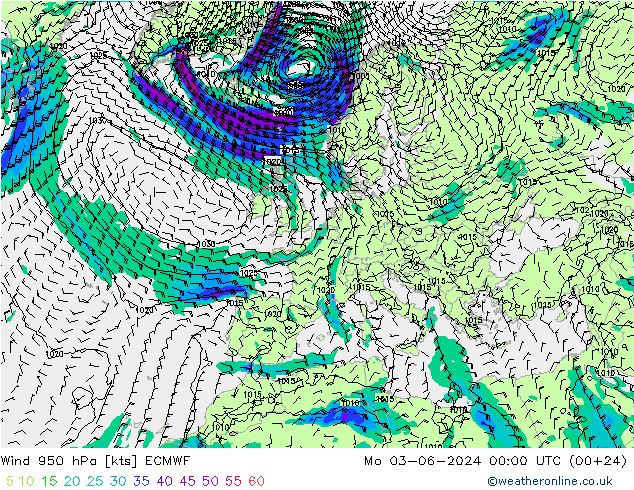 Wind 950 hPa ECMWF Po 03.06.2024 00 UTC