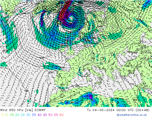 ветер 950 гПа ECMWF вт 04.06.2024 00 UTC