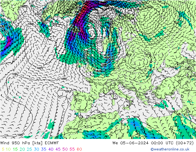 Vento 950 hPa ECMWF mer 05.06.2024 00 UTC